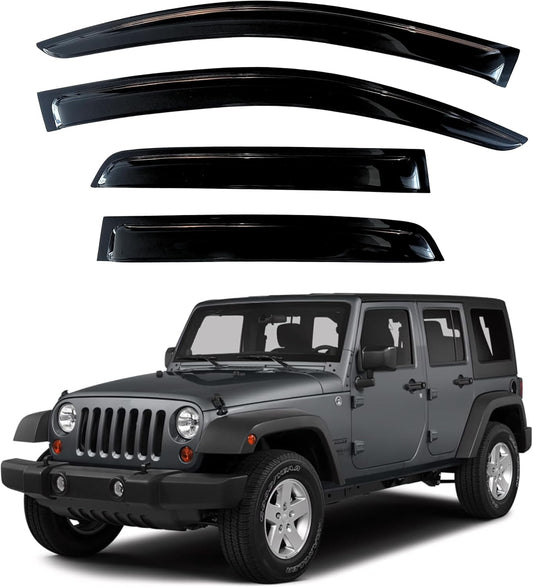 KPY Window Visor Compatible with Jeep Wrangler JK 2007-2018 4-Door, 4PC Rain Guard Side Window Vent Deflectors Tape-On Style, 2007 2008 2009 2010 2011 2012 2013 2014 2015 2016 2017 2018
