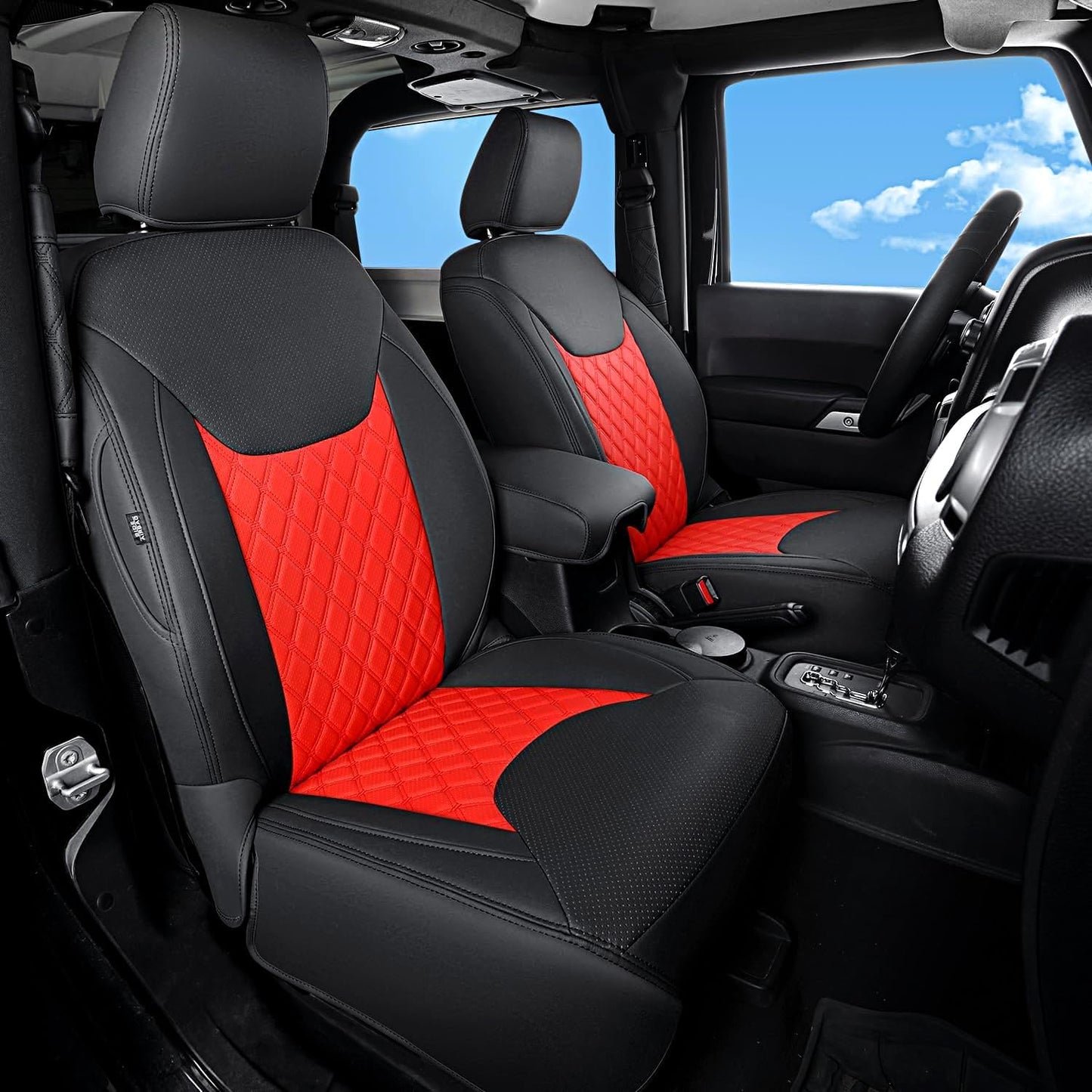GIANT PANDA Customized Full Set Car Seat Covers for Jeep Wrangler 2 Door JK Sport Sahara Rubicon Freedom Willys Wheeler 2013 2014 2015 2016 2017, Faux Leather - (Black+Red)