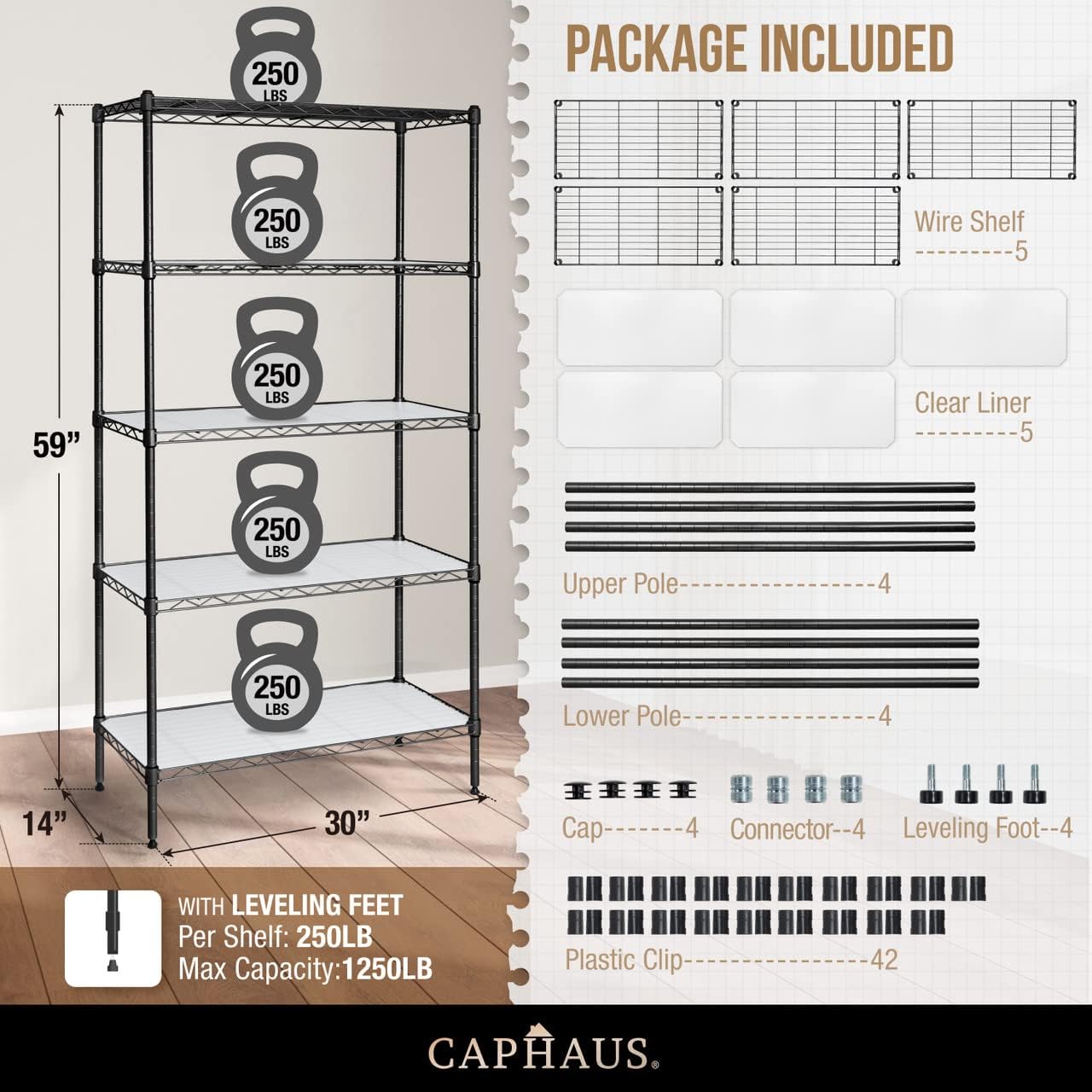 CAPHAUS NSF Adjustable Height Wire Shelving Unit w/Liner, 5-Tier Metal Steel Storage Shelf for Basement, Garage, Utility Organizer, No Wheels, Black