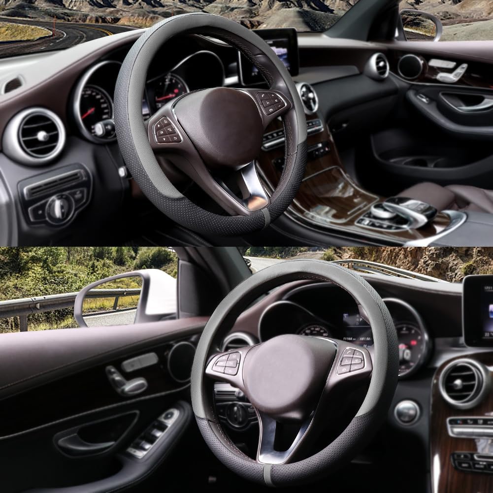 COFIT Breathable Car Steering Wheel Cover 15 inch Auto Universal Leather Wrap Non-Slip Steeringwheel Protector Automotive Interior Accessories, Grey (Suit for 14.5-15 inch)