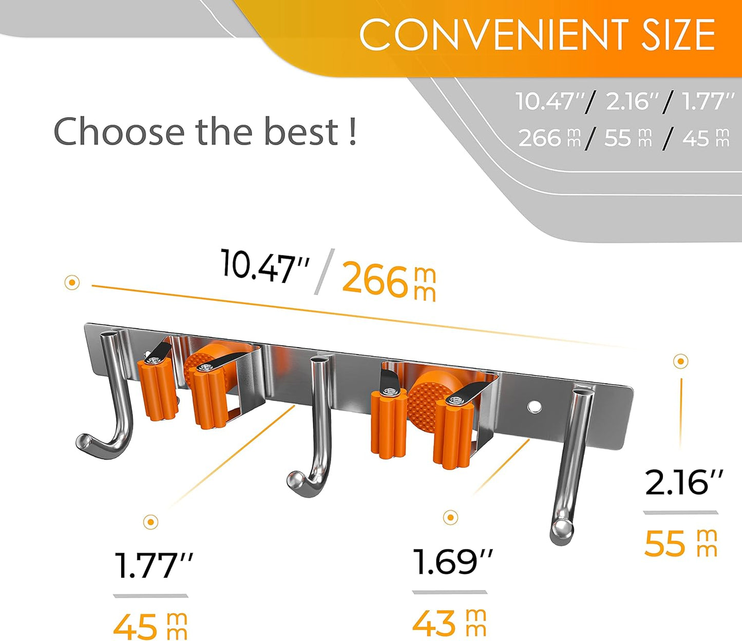 Heavy Duty Broom and Mop Holder Wall Mounted with 2 Rubber Grip Slots & 3 Utility Hooks – SUS304 Stainless Steel, Waterproof, Self Adhesive or Drill Mount, for Garage, Laundry, Kitchen & Closet Use
