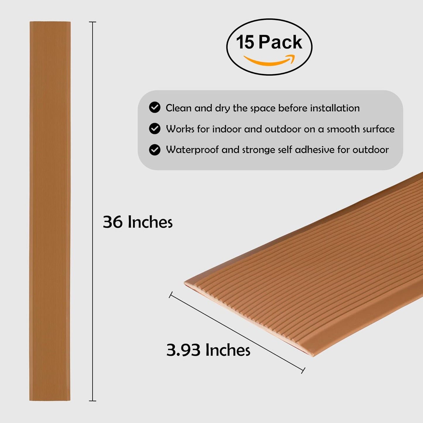 Rubber Bond 4x36in Anti Slip Stair Treads (15-Pack) - Waterproof Outdoor/Indoor Heavy Duty Non-Skid Tape for Stairs - Adhesive Rubber Grip Strips for Steps & Ramps - Brown