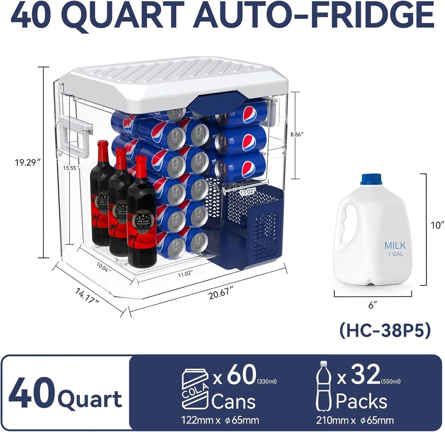 Car Fridge Portable 12V Refrigerator 40 Quart 12 Volt Freezer Compressor Cooler 12V/24V DC 110～240 V AC for Truck Van RV Camper SUV and Home Use (HC-38P5)