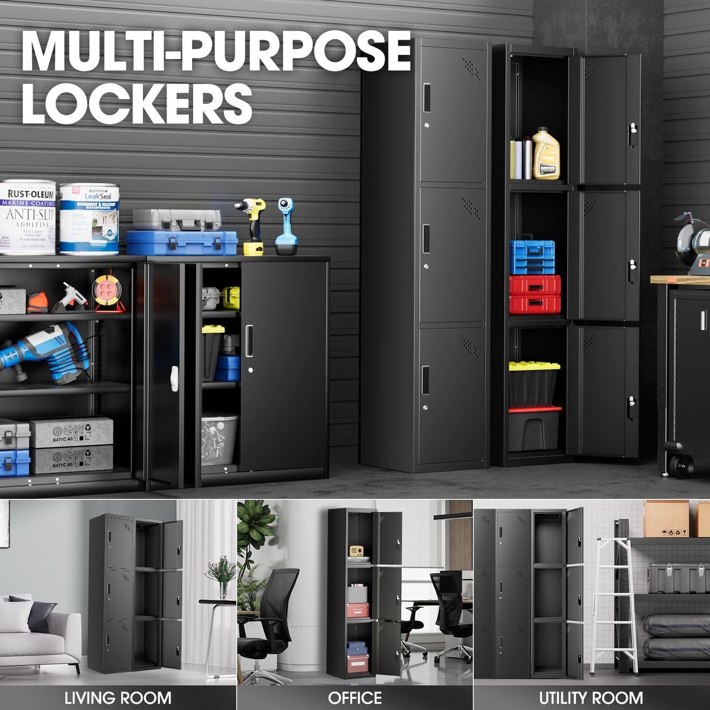 DNA MOTORING Metal Storage Cabinet for Employees with Keys, 71" Employees Metal Locker with 3 Doors, Tall Storage Lockers for Garage,Office,Home,Gym, Black, TOOLS-00789-BK-BK