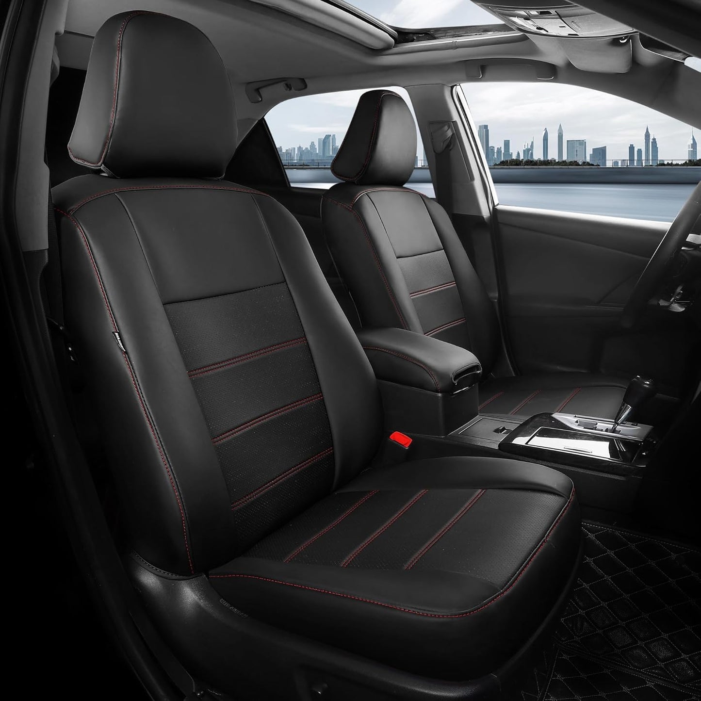 for Toyota Camry Seat Covers L LE XLE 2012 2013 2014 2015 2016 2017 - Custom Fit Car Seat Covers Full Set, Waterproof Breathable Luxury Leather Seat Covers for Cars, Black Red Not for Hybrid