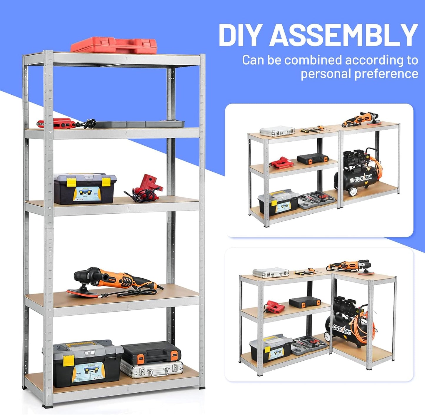 ERGOMASTER 5 Tiers Steel Shelves for Storage Heavy Duty Garage Organization Utility Shelf Rack for Books, Kitchenware, Tools Bolt-Free Assembly 72 x 16 x 72 inches (2PCS,Silver)