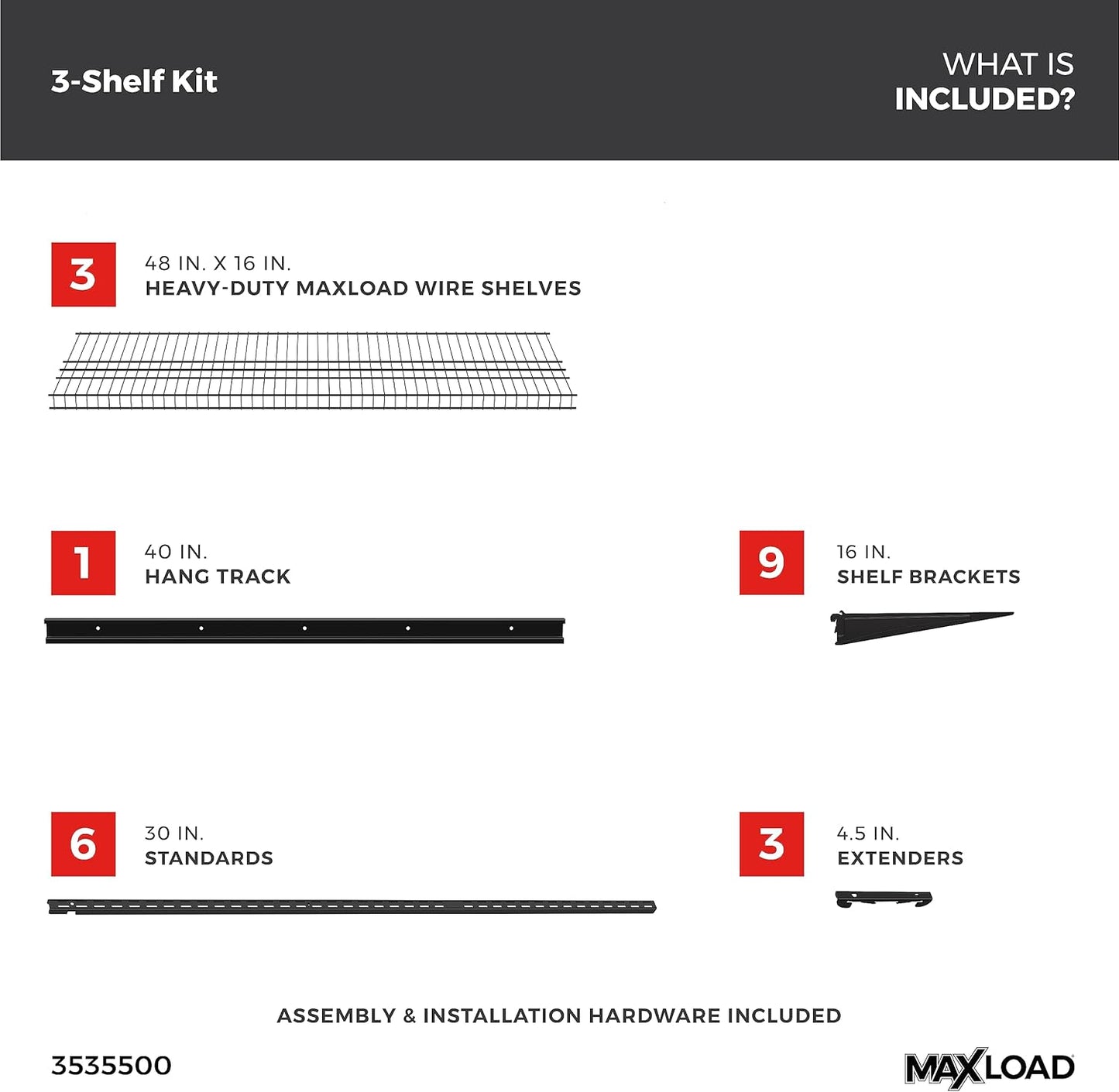 ClosetMaid MaxLoad Heavy Duty Wall Shelf Kit for Garage, 3 Shelves, Adjustable ShelfTrack Wire Shelving, Black Finish