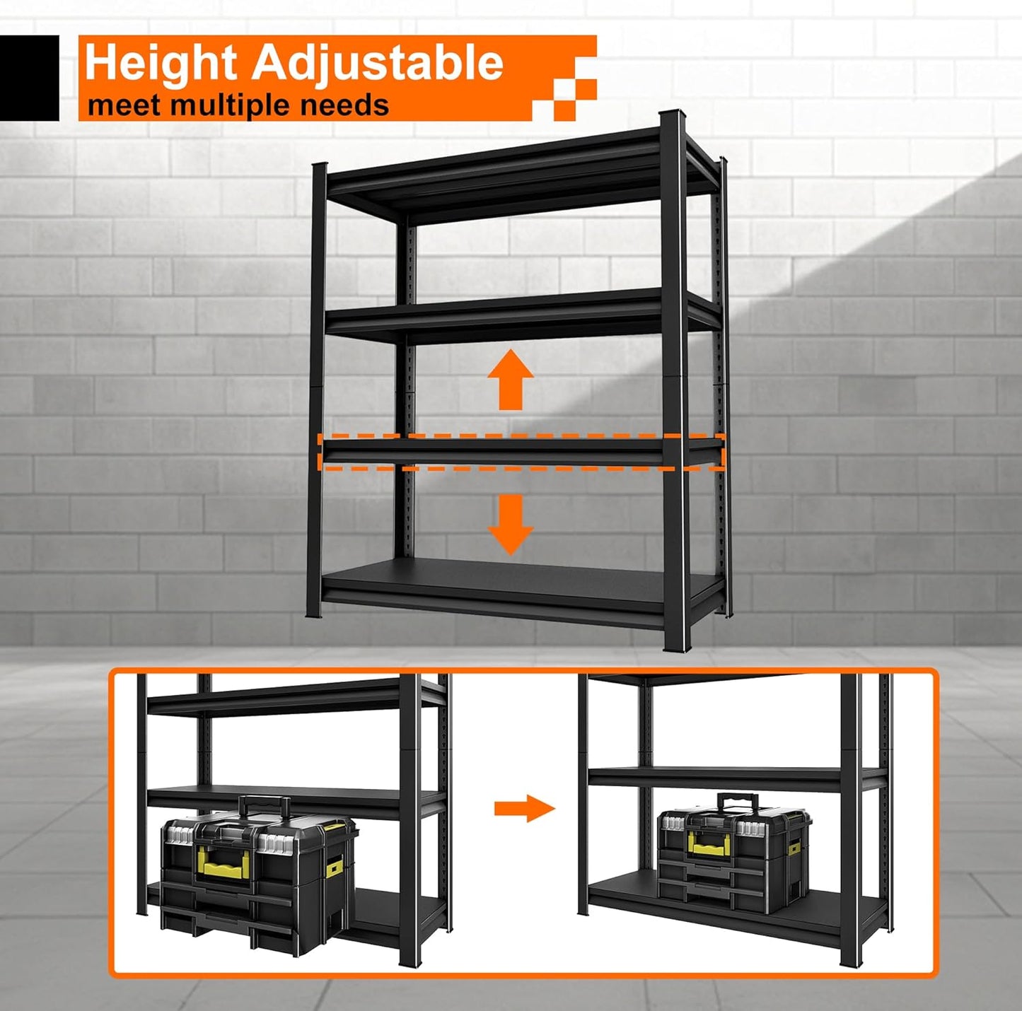 Garage Storage Shelves Heavy Duty, 48”W Garage Shelving and Storage Rack, 2200LBS Loads Shelving Units, Adjustable 4-Tier Metal Shelves for Garage, Warehouses, 48”W×16”D×63”H,Black