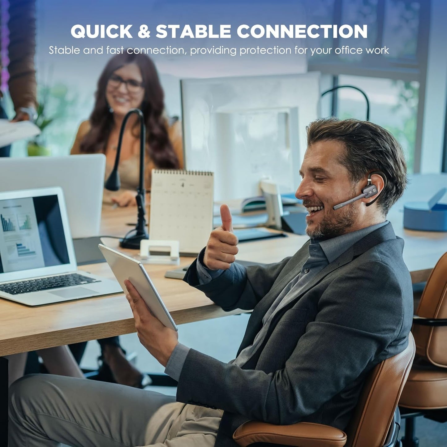 Bluetooth Headset, Wireless Bluetooth Earpiece with Dual-Mic & Noise Canceling, Single Ear Headset with Mute for Business, Remote Work, V5.3 Hand-Free headset for iOS Android Cell Phone (Gray)