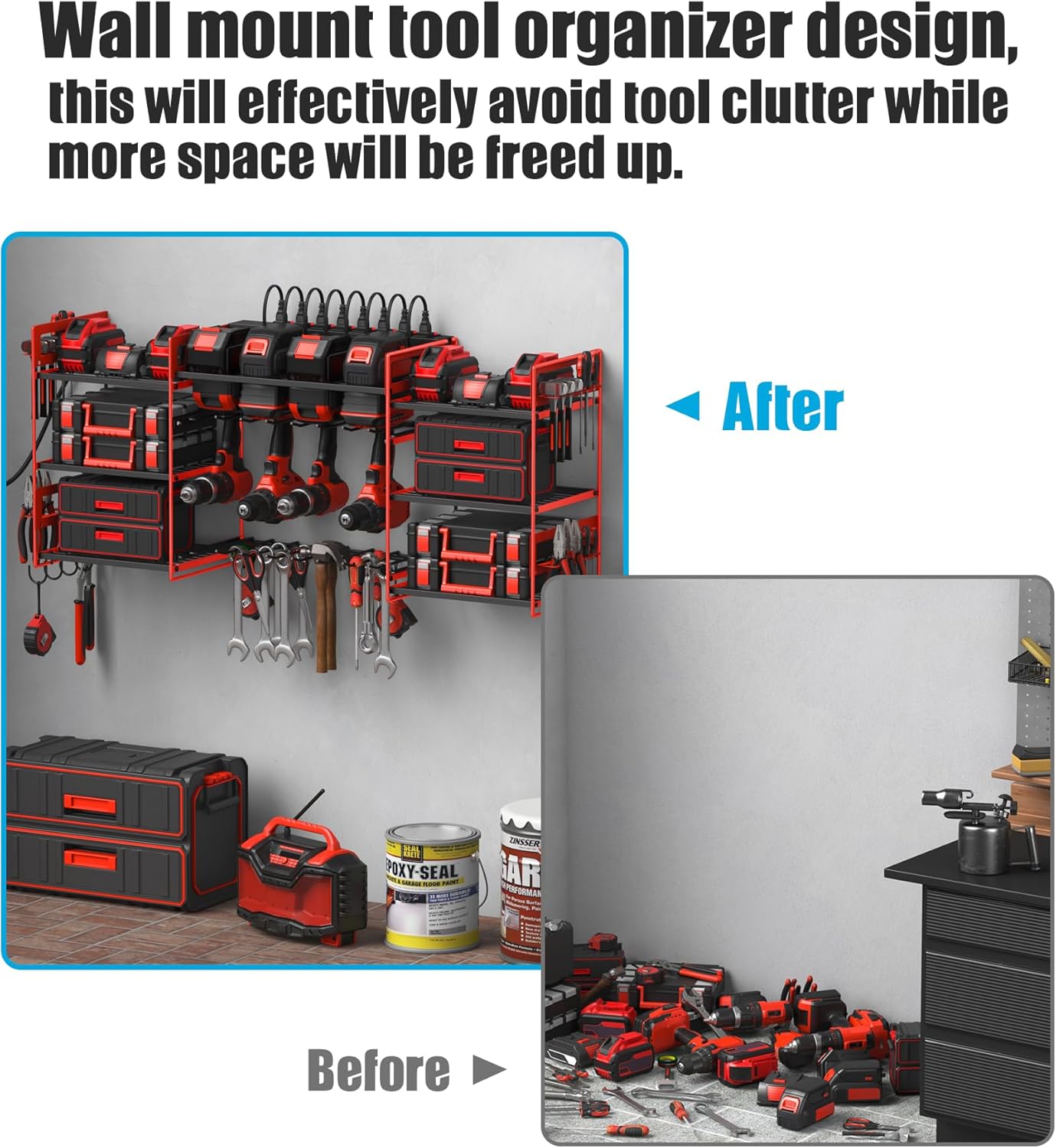 CCCEI Red Power Tool Organizer Wall Mount, Large Tools and Battery Storage Rack Charging Station Individual Switches. Drills Holder, Garage Utility Shelves with 6FT Power Strip. Gift for Men.