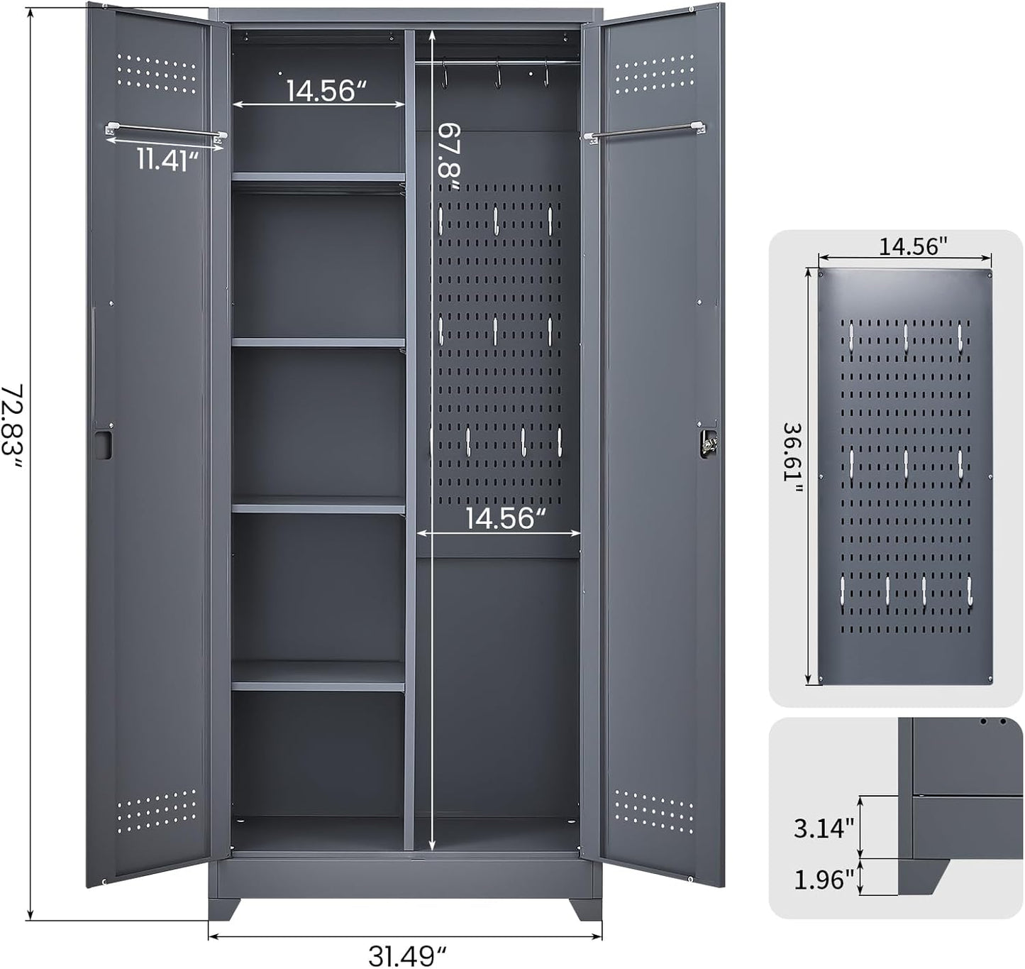 GREATMEET 72.8" Broom Storage Cabinet，Metal Storage Cabinets for Cleaning Supplies with Pegboard, Utility Closet, Broom Mop Cabinet, Grey
