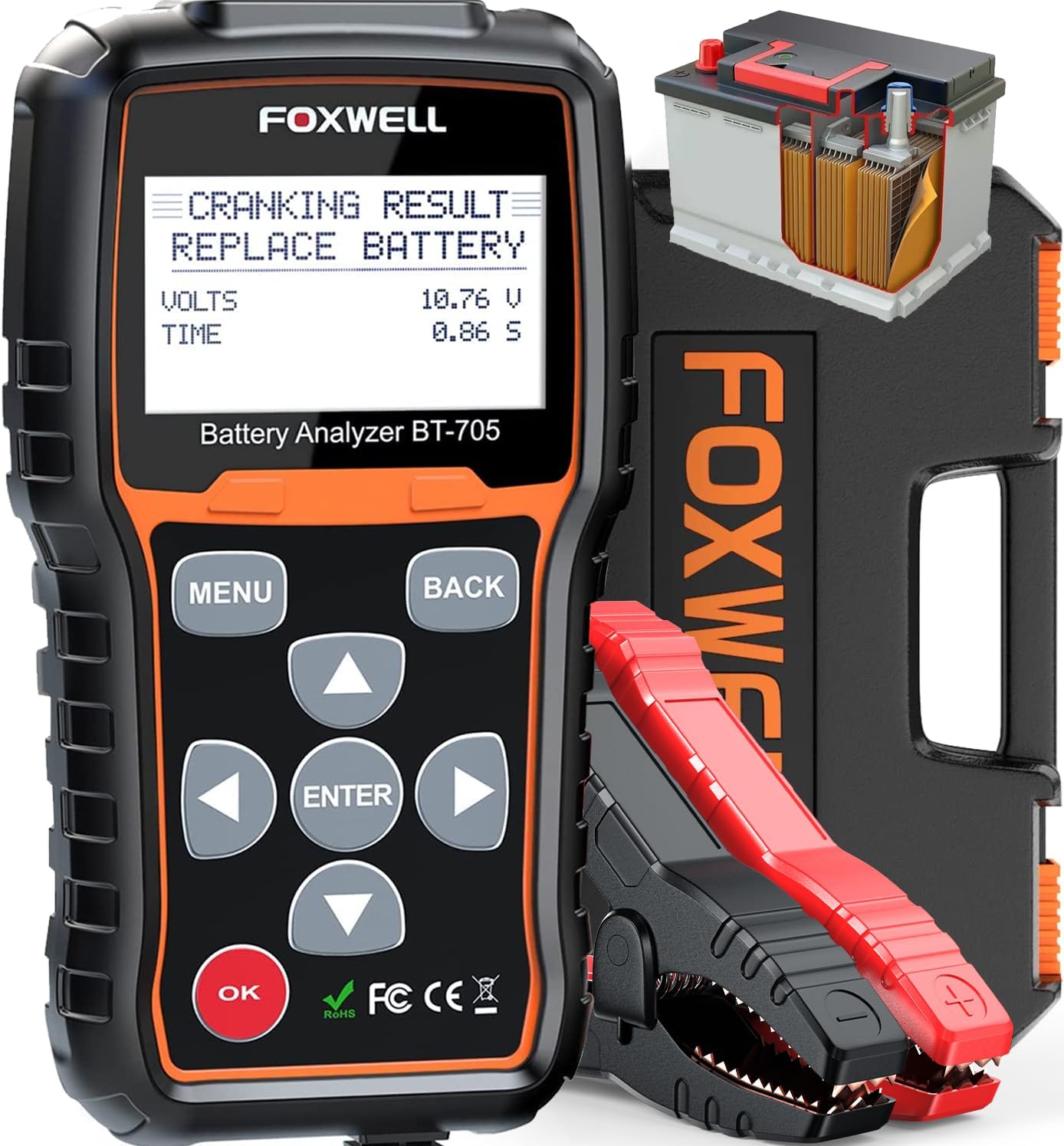 FOXWELL BT705 Car Battery Tester 12V 24V, Automotive 100-2000CCA Battery Load Tester Analyzer, Digital Cold Cranking Charging System Alternator Tester for Heavy Duty Truck Boat Marine SUV ATV