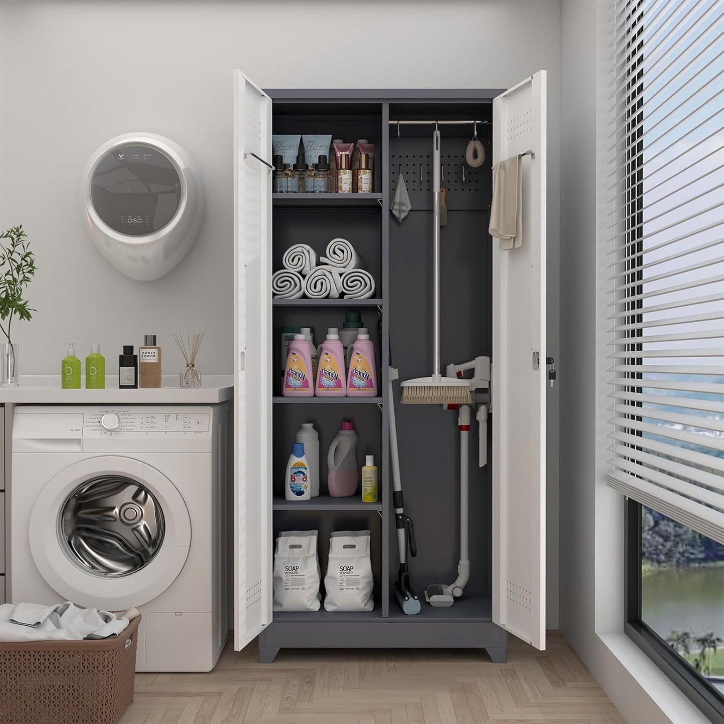 GREATMEET 72.8" H Metal Garage Storage Cabinets with Lock Door and Adjustable Shelves,Grey&White Broom Closet Storage Cabinet for Cleaning Supplies, Utility Closet for Garage, Bathroom,Kitchen,Home