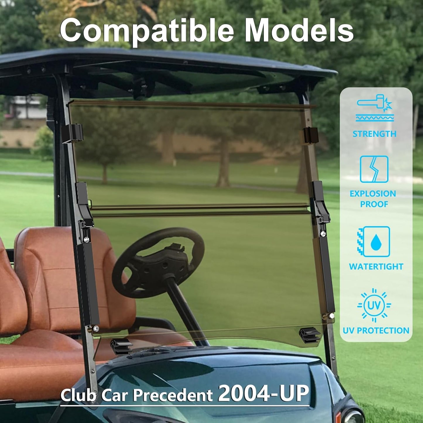 Club Car Precedent Windshield,Golf Cart Windshield for Precedent/Tempo/Onward (2004-Up)– Heavy Duty Hinges, Foldable, Anti-UV & Impact Resistant, 5MM Thick PC Material, 37.6"W X 33.2"H (tinted)