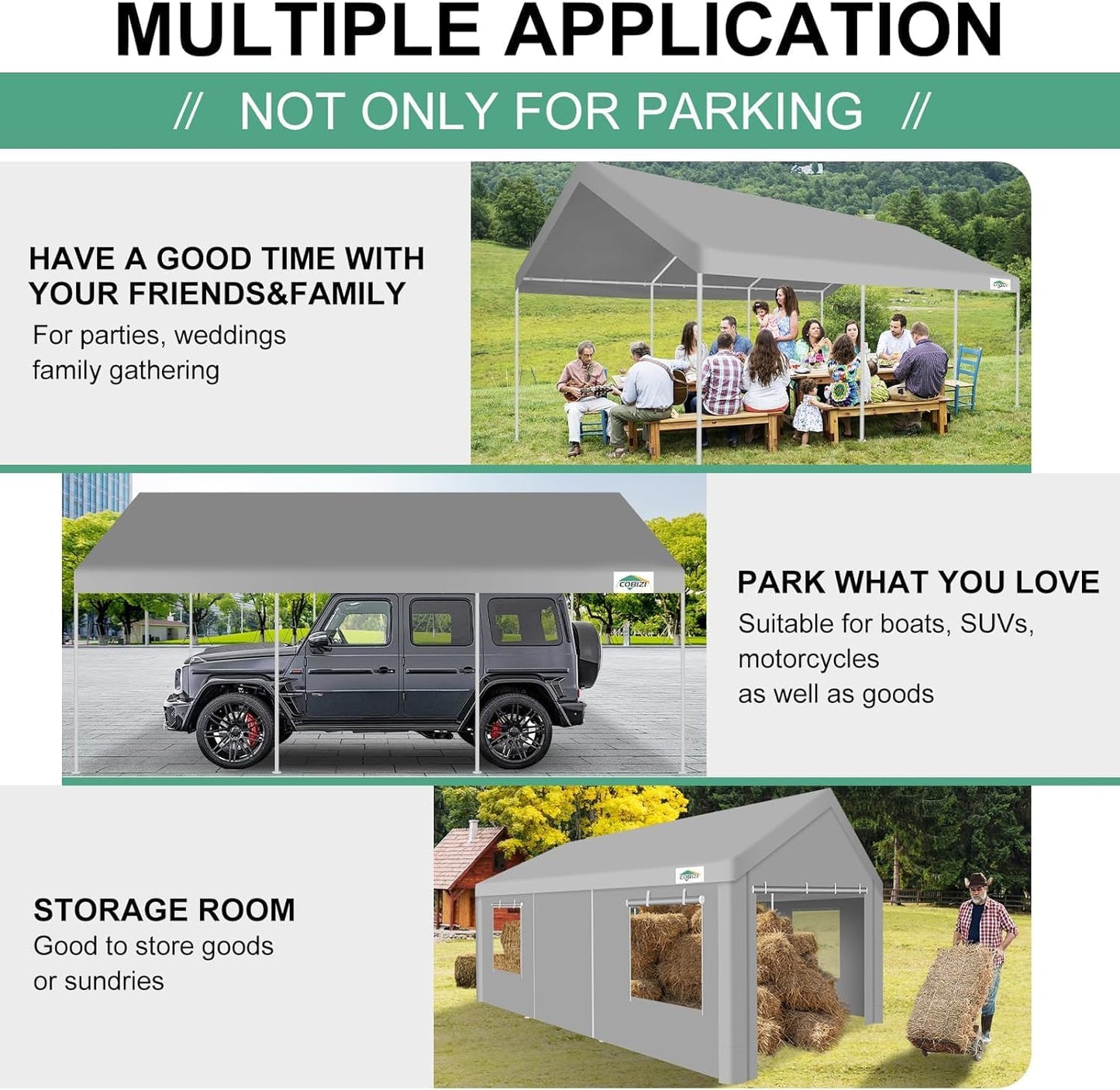 COBIZI Carport 12x20ft Heavy Duty Portable Garage, 2.0 Powder Coated Frame(Better Than Galvanized), Waterproof Shelter with Built-in Sandbags, for Car/Boat/SUV, Gray