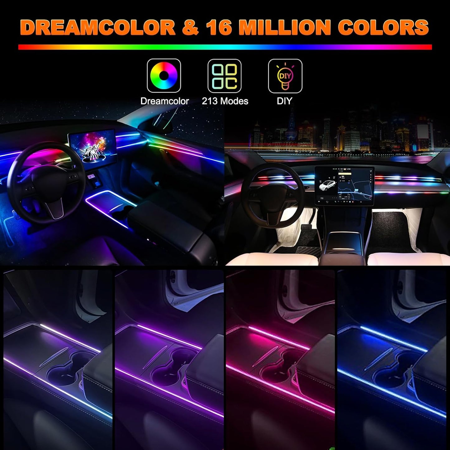 Interior Car LED Strip Lights, Acrylic LED Lights for Car with Dynamic Dreamcolor Chasing, Ambient Lighting Kits Music Sync Wireless APP and RF Remote Control (10 in 1)