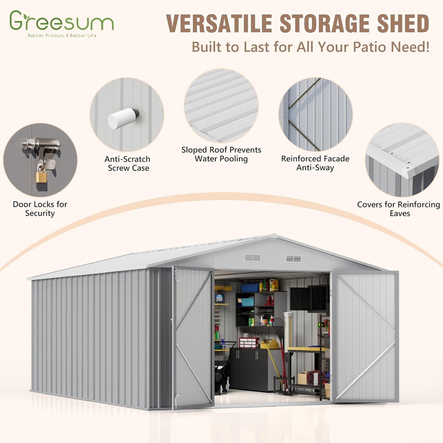 Greesum 10×14 FT Outdoor Storage Shed, Metal Storaged Sheds Without Floor, Tool Sheds with Lockable Doors and Sloping Roof for Garden, Patio, Backyard, Gray