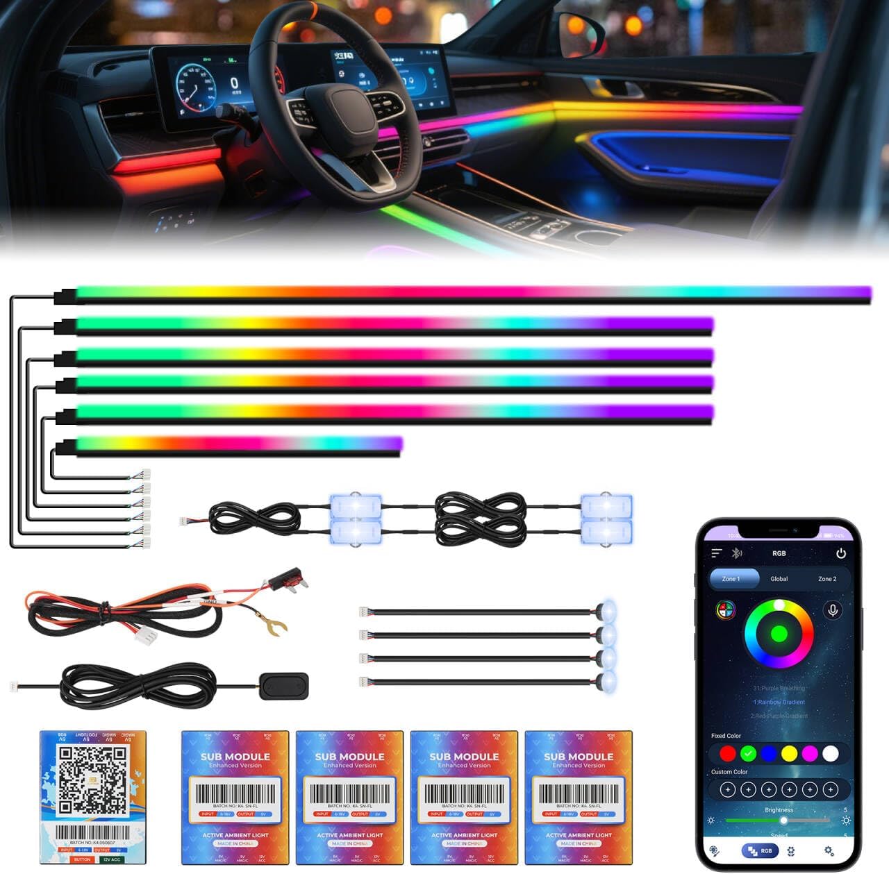 New Version Acrylic Car Dreamcolor Ambient Lighting Kit 14 in 1 LED Interior Car Strip Lights APP Control Zoned Control System 252 Color Modes DIY Neon Wireless Sound Activated RGB Light Bar