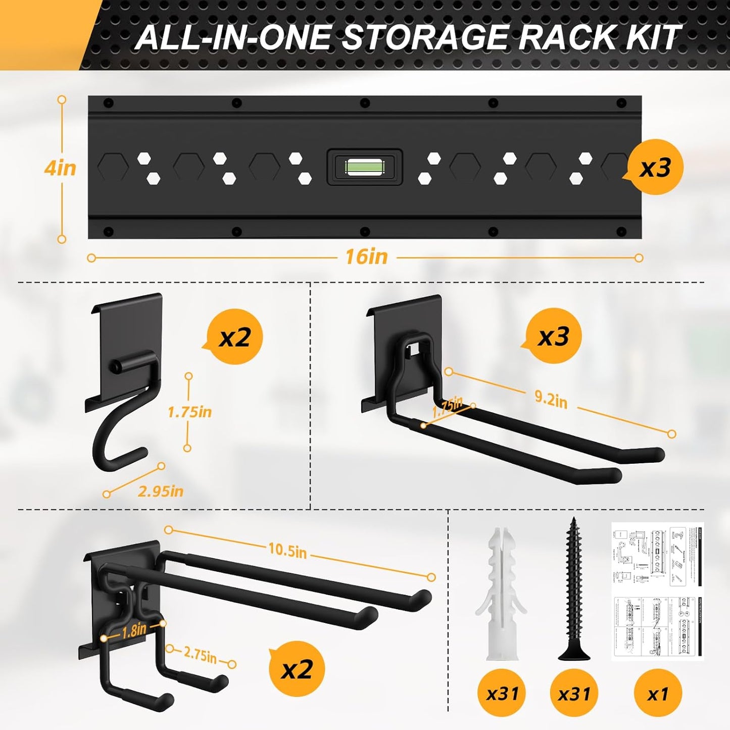 Garage Tool Organizer Wall Mounted, 48 Inches Adjustable Lawn Tool Organizers for Garage, 7 Adjustable Wall Hooks Heavy Duty Yard Tool Organizer Hold Up to 600lbs