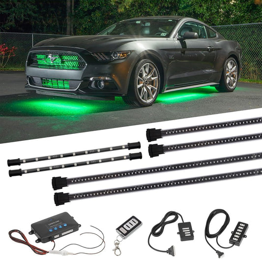 LEDGlow 4pc Million Color Multi-Color LED Underbody Underglow & 2pc Interior Footwell Accent Lighting Kit for Cars - 18 Solid Colors - 12 Unique Patterns - Music Mode - Includes Control Box & Remote