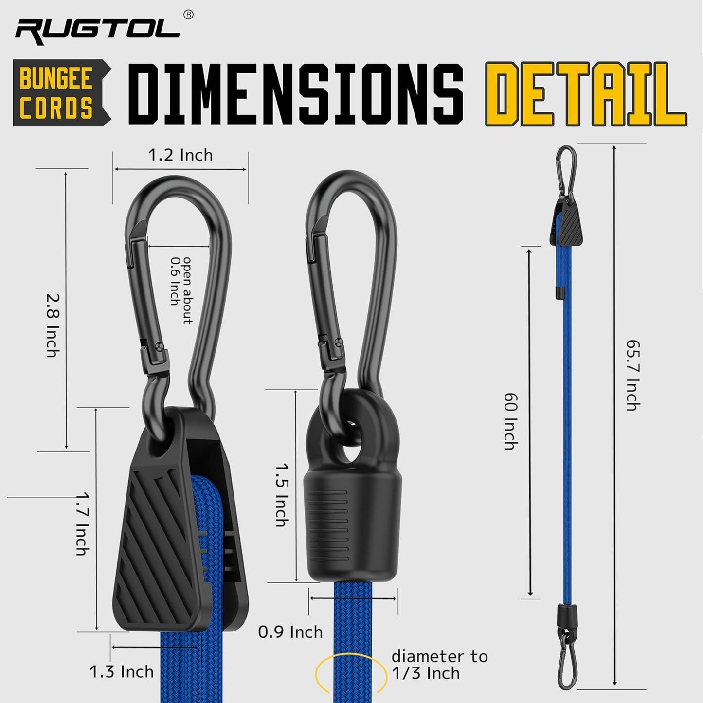 Bungee Cords with Hooks, 60 Inch Adjustable Blue Bungee Cords with Carabiner Heavy Duty Outdoor, 8mm Thick Easy to Adjust Durable Bungee Rope UV Resistant for Bike Rack, Garden, Tension, 6 Pack