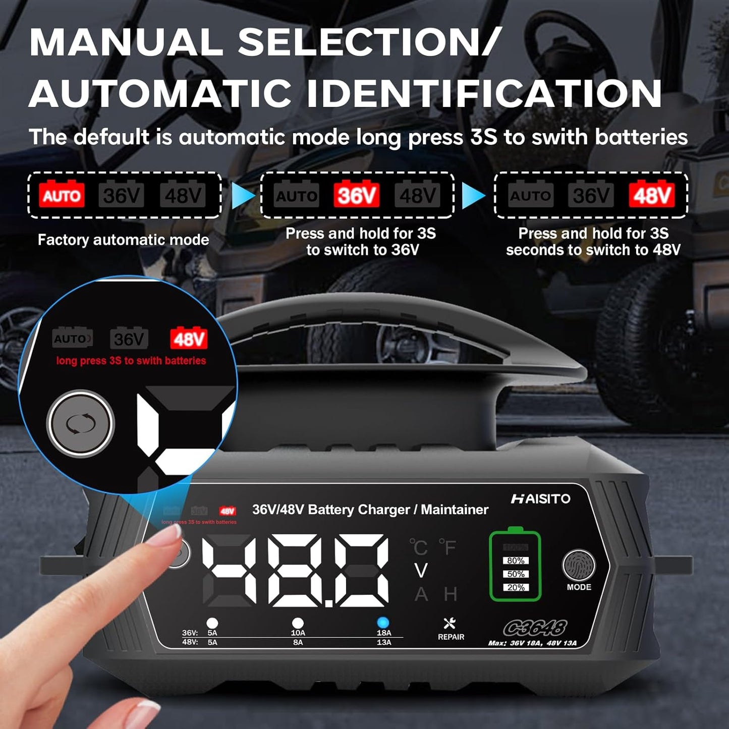 Golf cart Battery Charger, 48V 13A and 36V 18A Trickle Battery Charger,48 Volt Golf Charger,for EZGO RXV&TXT Smart Charger,Lithium,LiFePO4,Lead-Acid AGM/Gel/SLA..BatteryCharger,3-Pin (Delta-Q)
