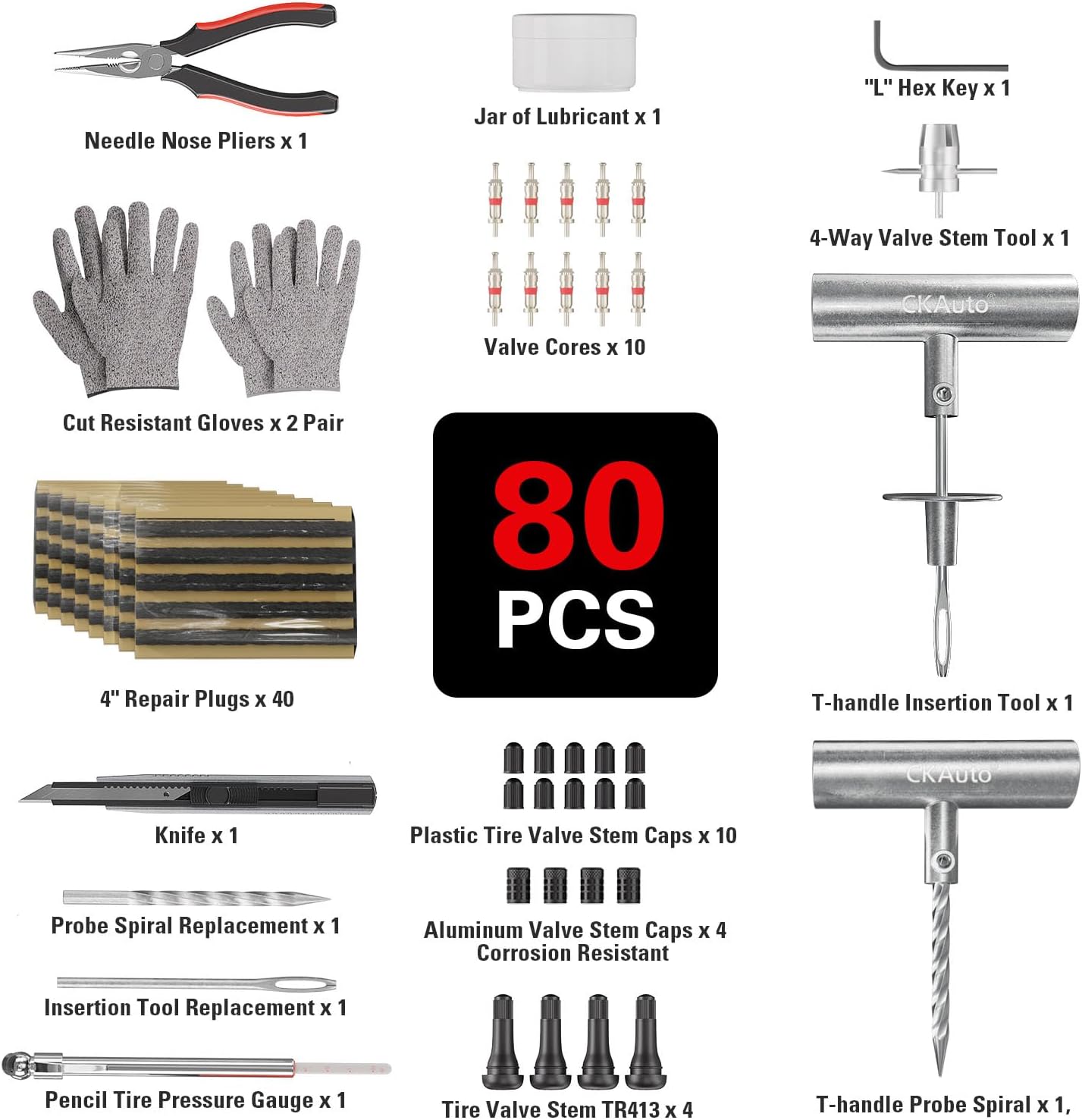 CKAuto Tire Plug Repair Kit, Heavy Duty Car Emergency Tool Kit for Flat Tire Puncture Repair, 80 Pcs Value Pack, Tire Patch Kit fit for Autos, Cars, Motorcycles, Trucks, RVs, etc.