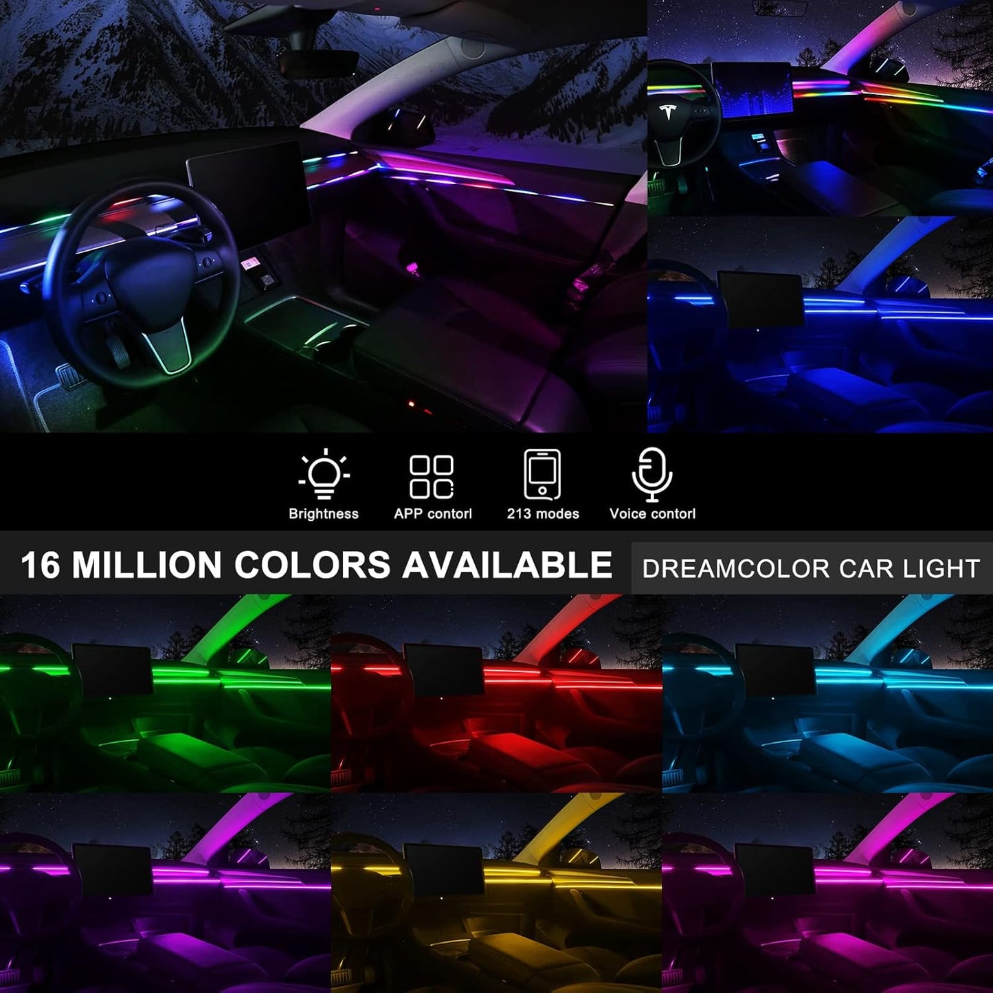 Dreamcolor Acrylic Interior Car LED Strip Light with Wireless APP, RGB 22 in 1 with 175 inches 593 LEDs Fiber Optic Ambient Lighting Kits, 16 Million Colors Sound Active Function Car Neon Lights