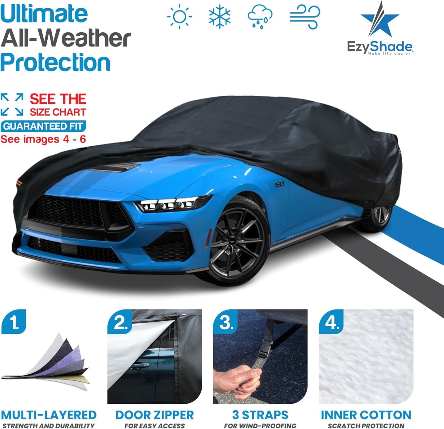 EzyShade 10-Layer Waterproof Sports Car Cover. See Vehicle Size-Chart for Accurate Fit. All Weather Outdoor Covers. Challenger Charger Monte Carlo. Sun Snow Rain. Black, Size C6 (See SizeChart)