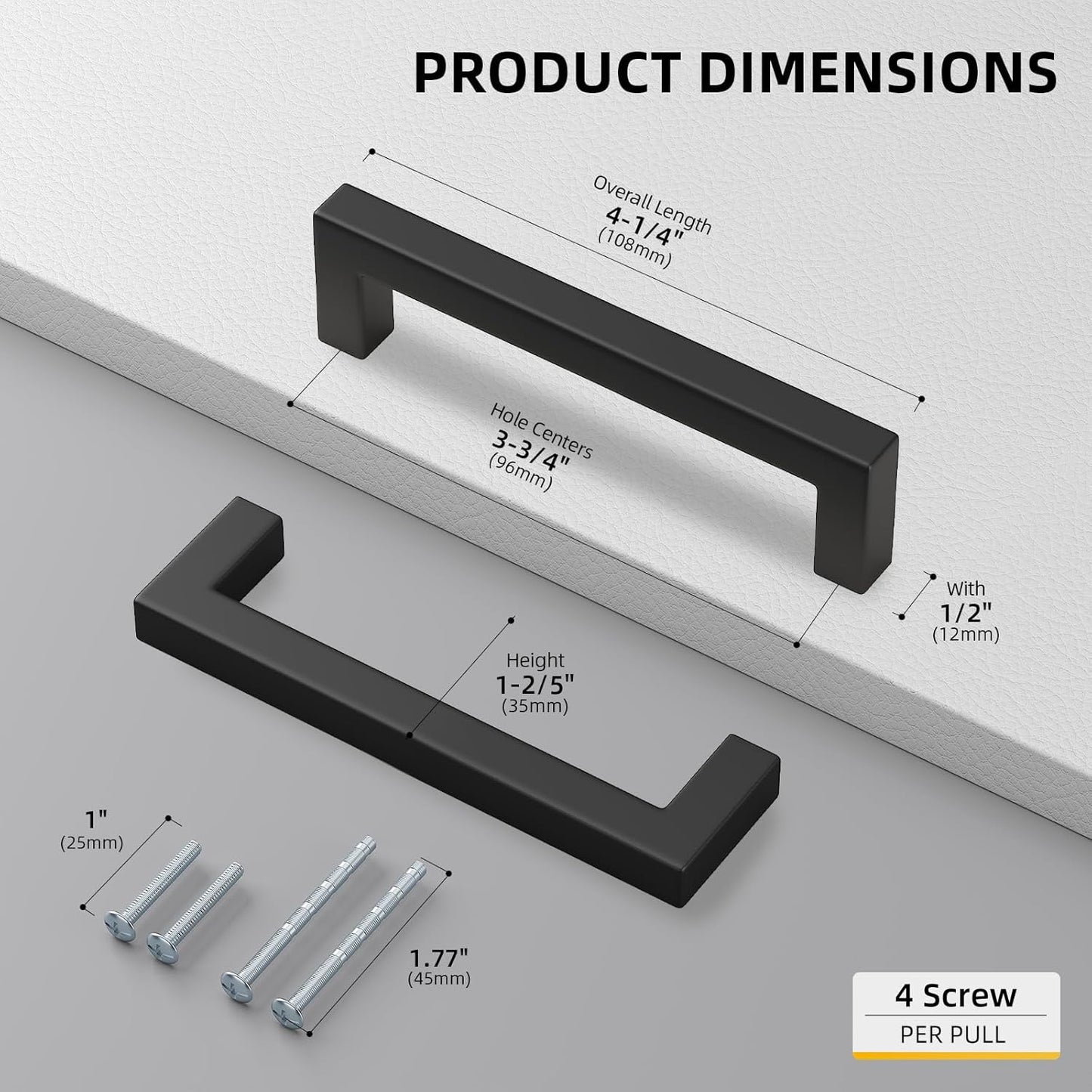 Goldenwarm 2Pack Black Square Bar Cabinet Pull Drawer Handle Stainless Steel Modern Hardware for Kitchen and Bathroom Cabinets Cupboards,Center to Center 3-3/4in (96mm) Kitchen Pulls for Cabinets