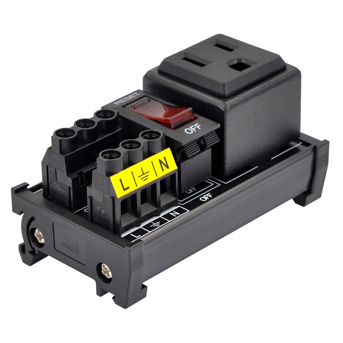 DIN Rail Mount AC 120V NEMA 5-15R Single Receptacle Outlet Power Strip Module, with Rocker Switch Thermal Circuit Breaker Overload Protector