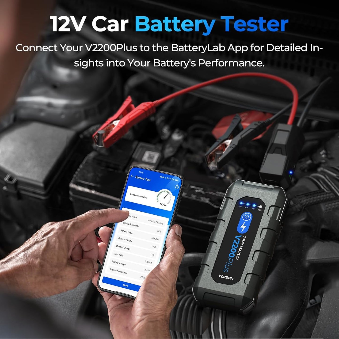 Car Battery Jump Starter and Battery Tester TOPDON 2-in-1 2200A Peak Jump Starter for Up to 8L Gas/6L Diesel Engines 12V Portable Booster and Tester