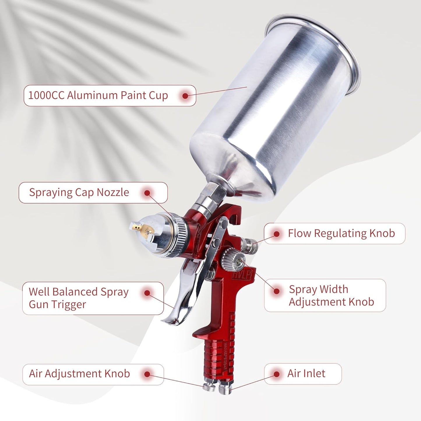 HVLP Spray Paint Gun, Automotive Gravity Feed Paint Gun Kit with 5 Nozzles,1.4mm 1.7mm 2.0mm 2.5mm and 3.0mm, 1000cc Aluminum Cup, Suitable for Auto Paint, Painting Cars