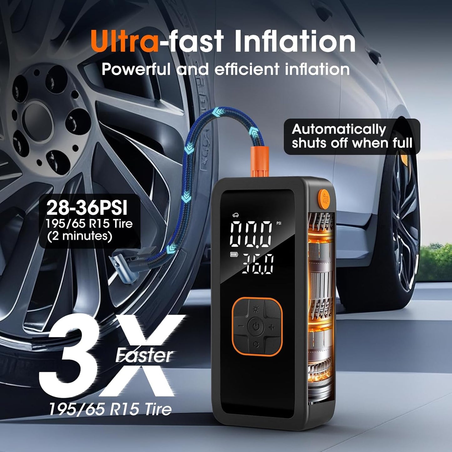 Tire Inflator Portable Air Compressor, 5X Faster Portable Air Pump for Car Tires, 150PSI Cordless Travel Air Pump with Digital Pressure Gauge for Cars, Bike & Motorcycle Tires, Ball