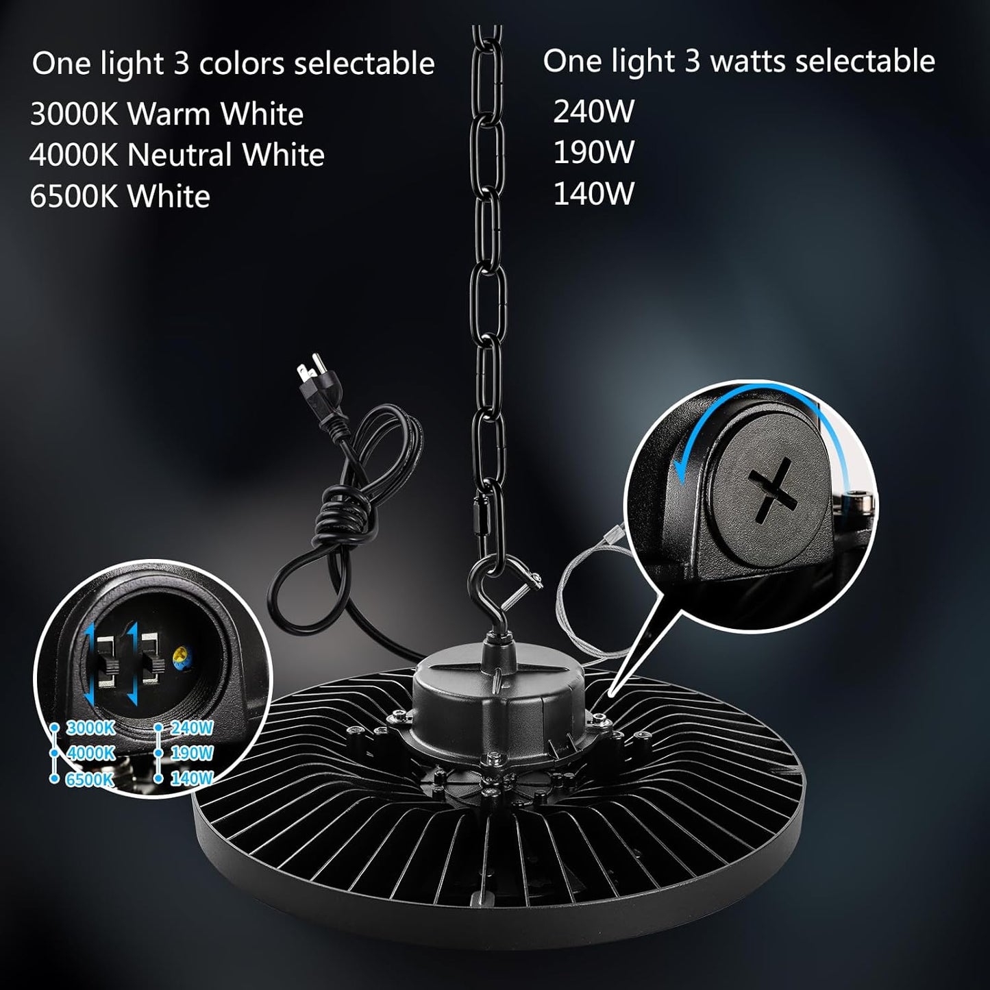 0-10V Dimmable UFO LED High Bay Light,3 CCT Selectable LED Shop Lights with US Plug,240W Power Tunable Garage Light,Waterproof Commercial Bay Lighting for Warehouse Workshop Barn,Pack of 1