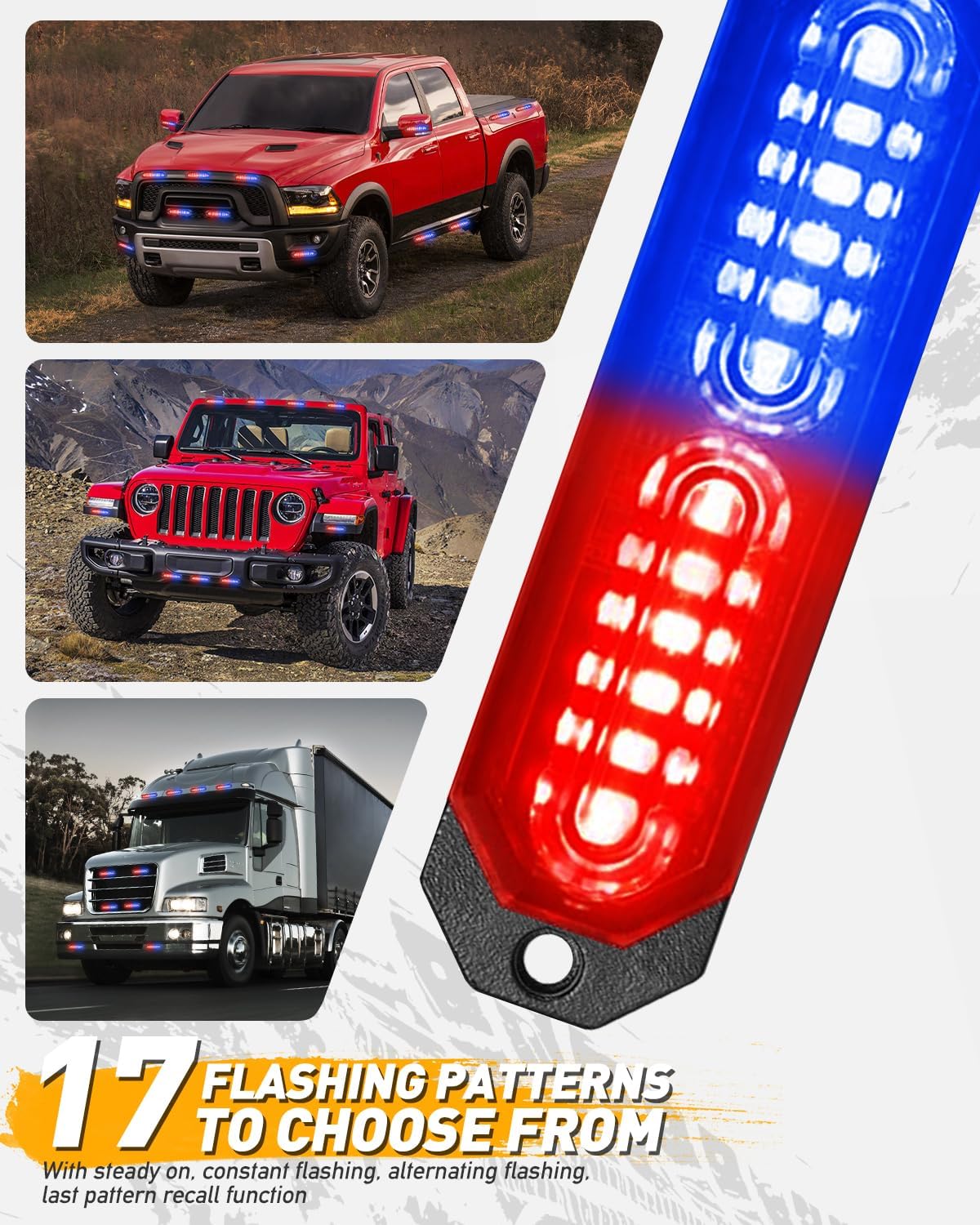 HLauto 1200T Emergency Strobe Grille Lights: 8pcs 12 LED Sync Feature Safety Warning Flashing Lights, Ultra Slim Surface Mount Hazard Caution Lights for Trucks, Vehicles, Car, ATV, UTV (Red Blue)