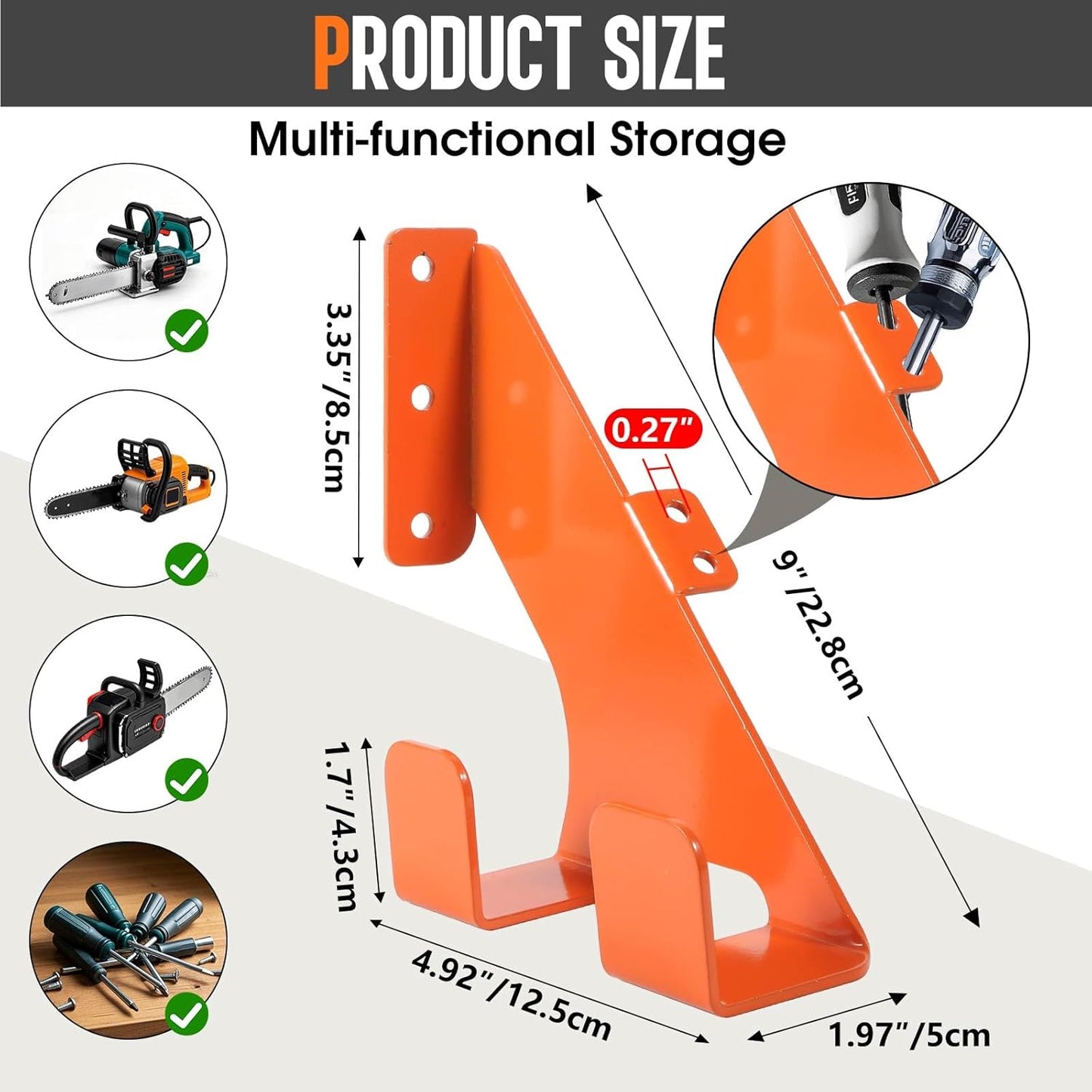 Chainsaw Hanger, Heavy Duty Chain Saw Stand 3-in-1 Wall Mount with Accessory Tool Hooks for Garage Shed Organizer Storage, Includes Mounting Hardware (1 Pack)