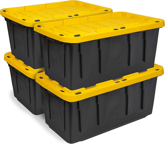 BLACK & YELLOW, 17-Gallon Heavy Duty Tough Storage Container & Snap-Tight Lid, (12.5"H x 18"W x 26.9"D), Weather-Resistant Design and Stackable Organization Tote [4 Pack]