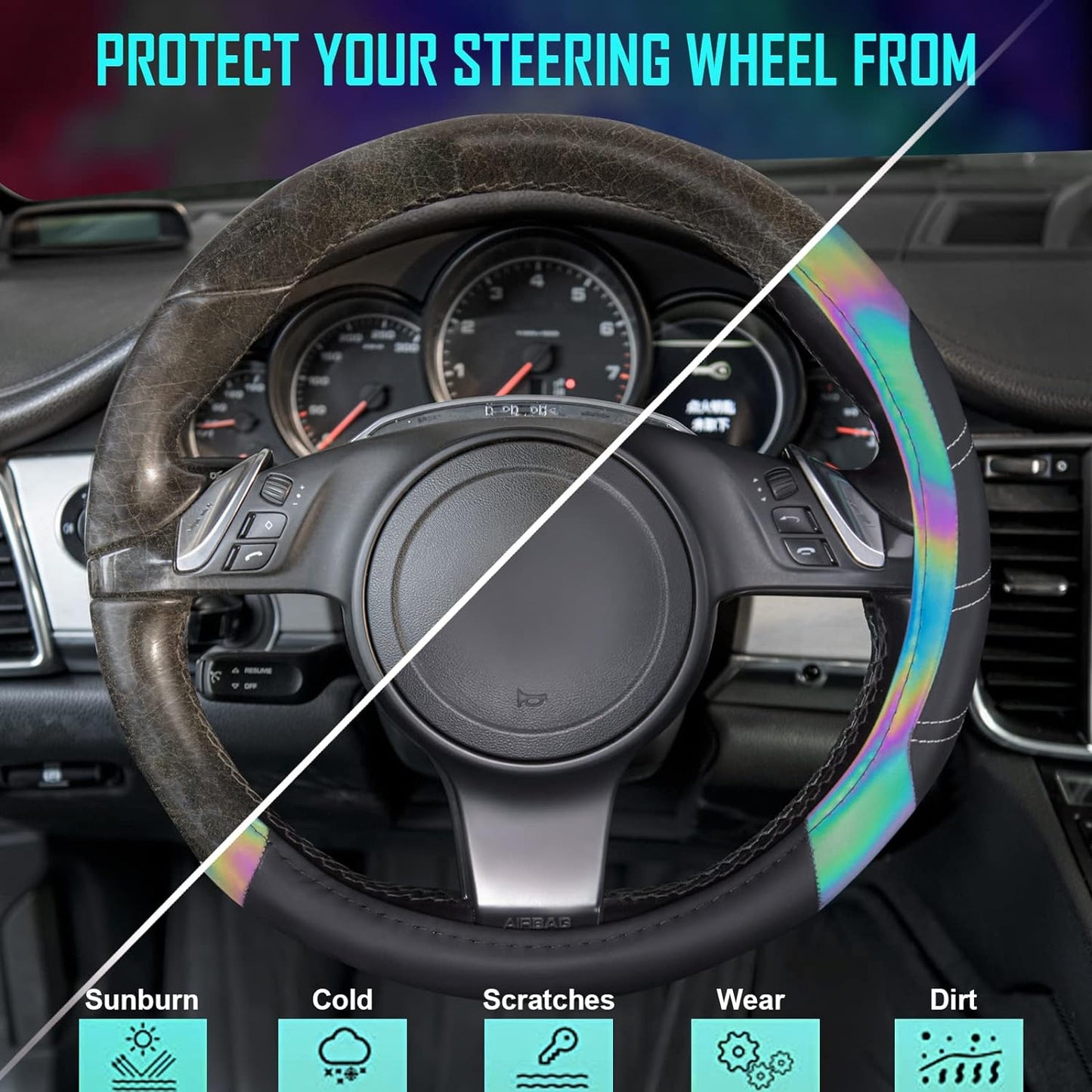 CAR PASS Line Rider Microfiber Leather Sporty 14.5-15 inch Steering Wheel Cover Universal Fits for 95% Truck,SUV,Cars, Anti-Slip Safety Comfortable Design (Black Reflective)