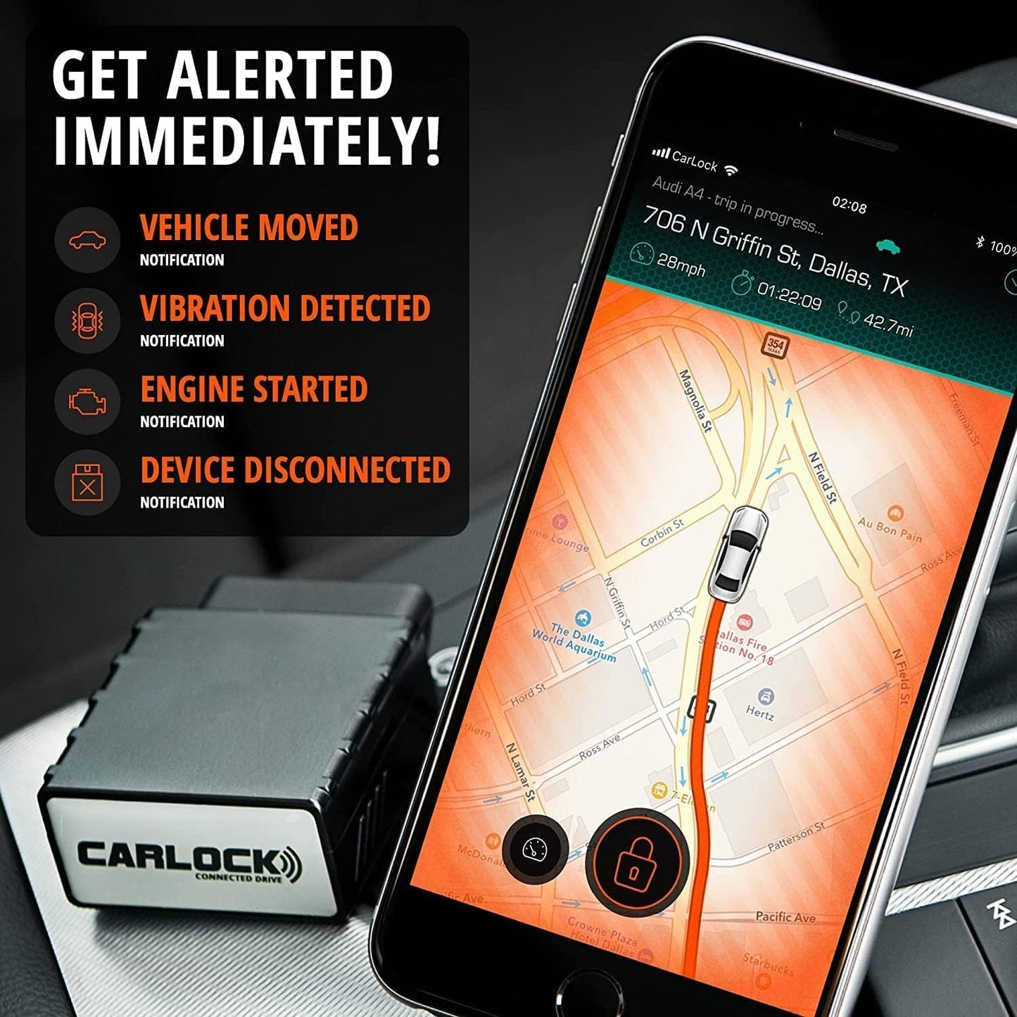 CARLOCK Anti Theft Car Device - Real Time 4G Car Tracker & Car Alarm System. Comes with Device & Phone App. Tracks Your Car in Real Time & Notifies You Immediately of Suspicious Behavior.OBD Plug&Play