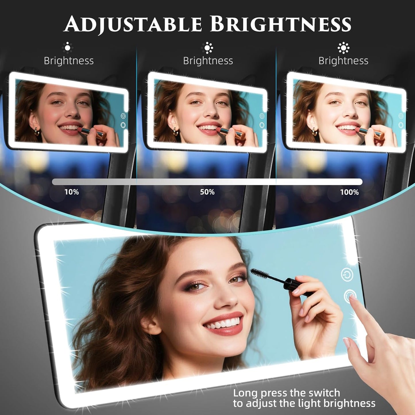 Car Sun Visor Vanity Mirror,Rechargeable Led Dimmable Makeup Mirror,With 10x and 30x magnification,3 Light Modes