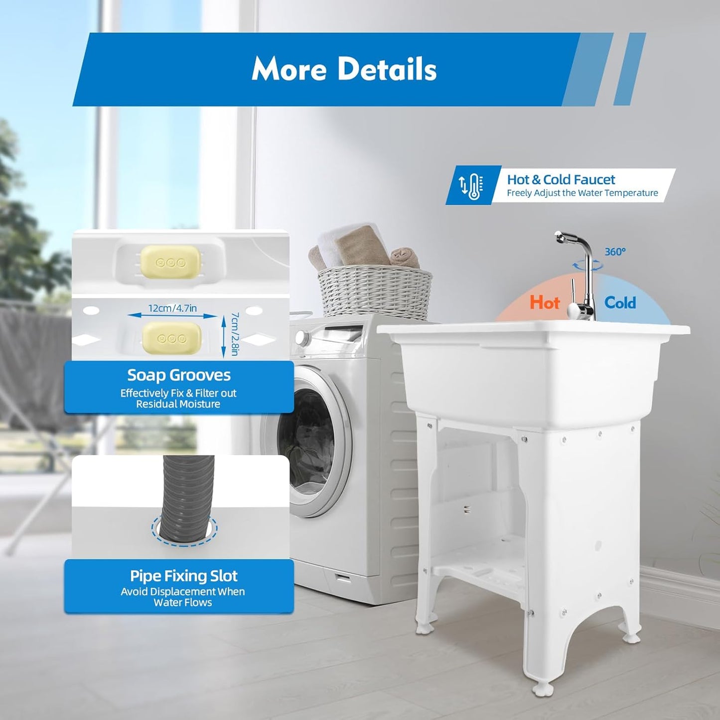 Freestanding Utility Sink Plastic Laundry Tub Sink with Storage Shelf Indoor Outdoor Slop Sink Wash Station for Bathroom Laundry Washing Room (White, 31.5 * 22.05 * 31.5in)