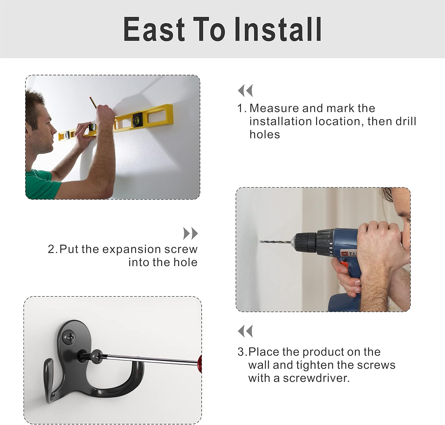 12 Heavy Duty Double Prong Coat Hooks | Wall Hooks with 24 Screws for Kitchen, Grocery Room, Bedroom