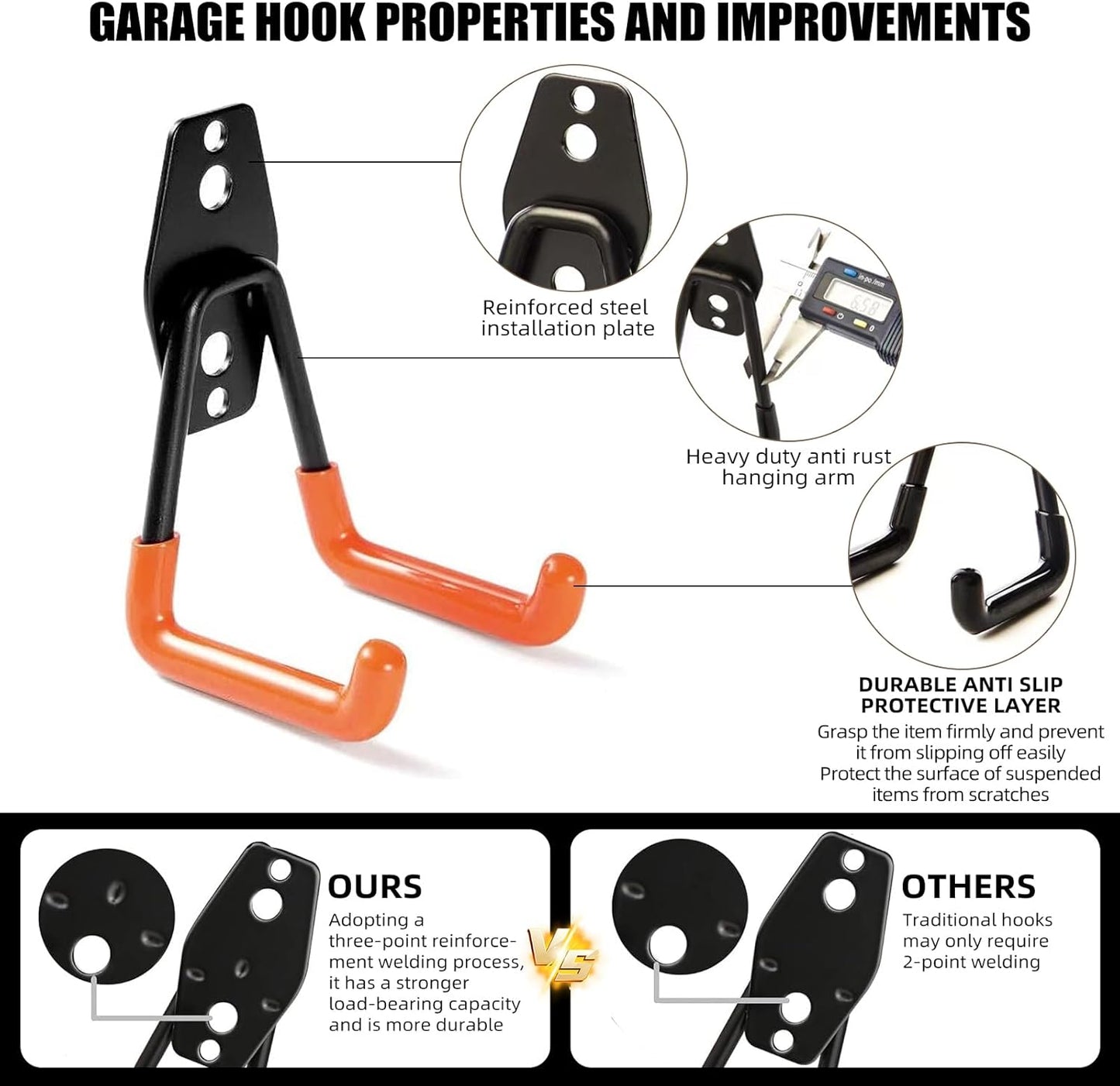 Garage Hooks, 12 Pack Wall Hooks for Hanging Heavy Duty Ladders, Bikes, Tools Ideal for Garage, Garden, Basement Utility Room Storage (Black)