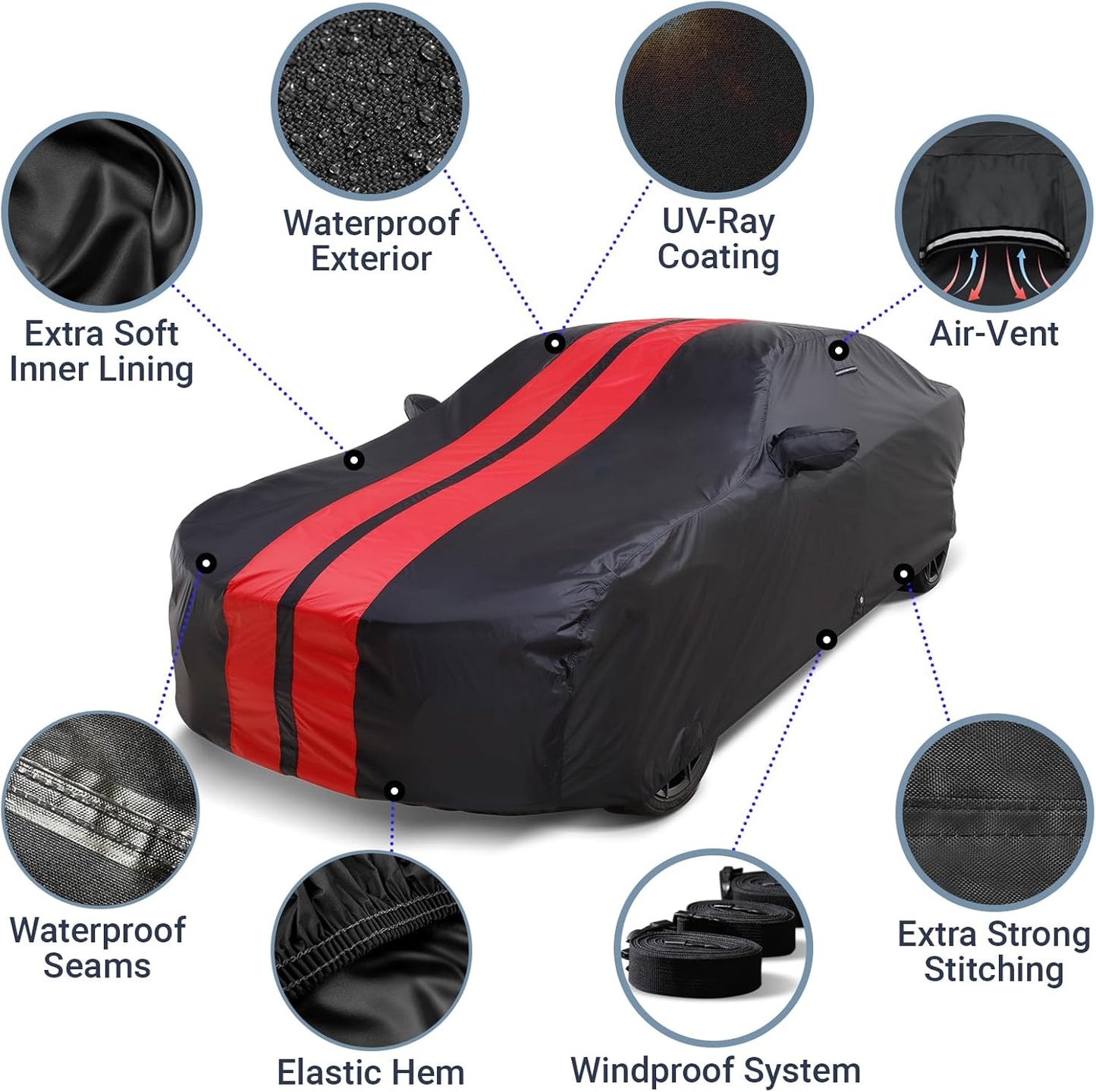 iCarCover Custom Car Cover for Pontiac 6000 Wagon (1984-1991) Waterproof All-Weather Rain Snow UV Sun Protector Full Exterior Indoor Outdoor Car Cover (Stripe - Black/Red)