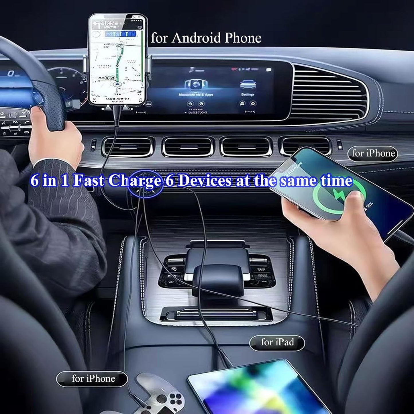 Super Fast Charge USB C Car Phone Charger Adapter 6 in 1 with Voltage Display 250W Multi Port Cigarette Lighter USB Charge for iPhone 16 15 14 13 12 11 Samsung Galaxy Huawei Oneplus Oppo Vivo