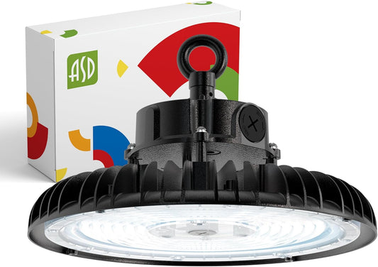 ASD LED High Bay UFO Light Fixture, Commercial Shop Lighting | Dimmable, IP69K Waterproof, DLC Premium, UL Listed | 150W 23000LM 5000K 100-277V | Warehouse, Garage, Workshop, Barn Lamp | Black