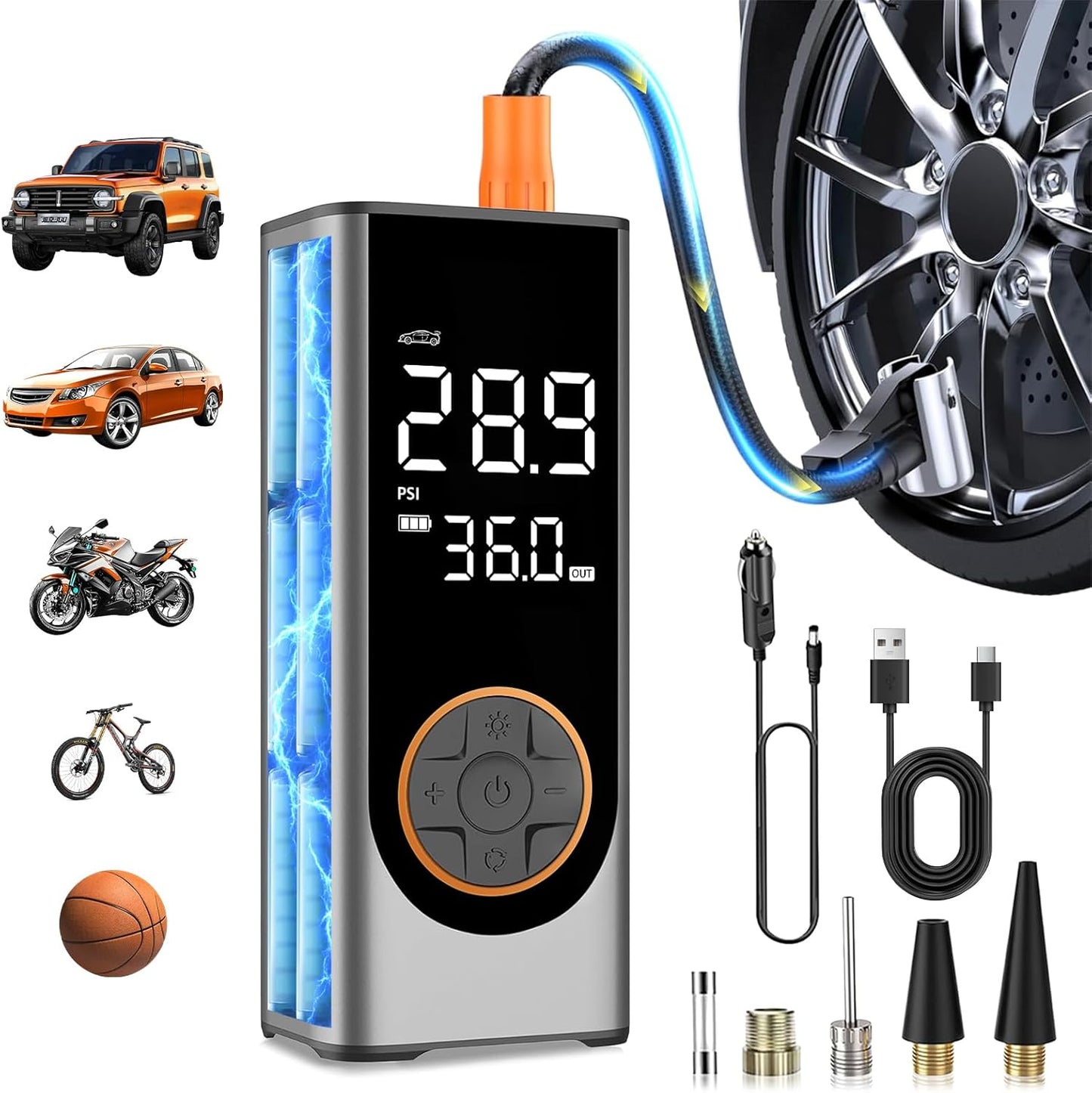 Tire Inflator Portable Air Compressor, 150PSI Cordless Air Pump for Car Tires, 4X Faster 12V DC Tire Pump with Tire Pressure Gauge, LED Light for Cars, Motorcycles, Bikes, Balls (Silver)