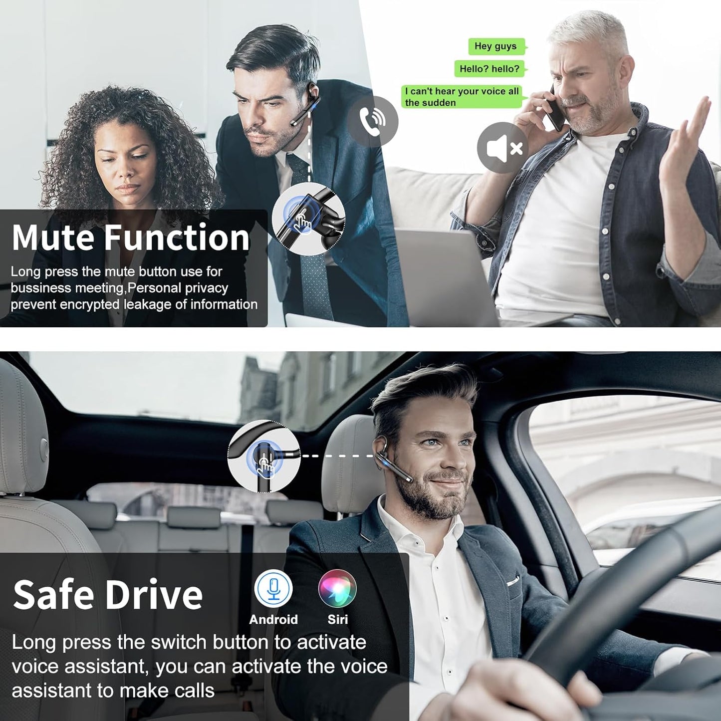 Bluetooth Headset, Wireless Earpiece with 500mAh Charging Case, 100Hrs Talking Time Built-in Dual Microphone 270° Rotatable Hand-Free Noise Canceling Headphones for Office/Trucker/Business