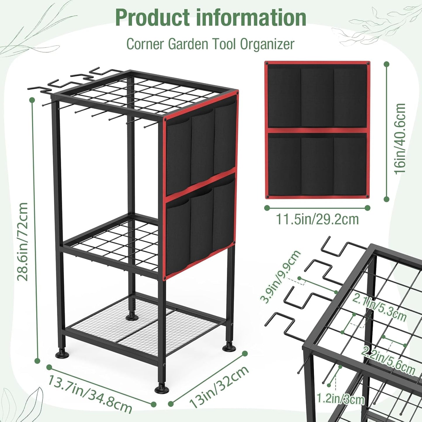 Garden Tool Organizer,Metal Yard Tool Organizer,Holds 50 Long-Handled Tools/Rakes/Brooms,Side Garden Pocket,Heavy Duty Steel Yard Tool Storage Rack for Garage,Shed, Outdoor